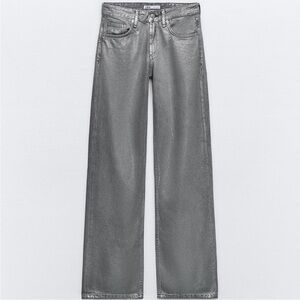 EUC Zara Metallic Gray Coated Wide Leg Jeans On Trend!